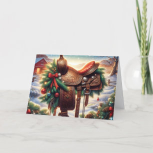 Western Saddle on Fence Post Christmas Holiday Card
