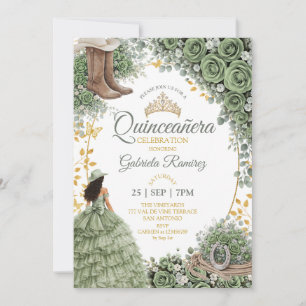 Western Sage Green Rose Golden Country Quinceañera Invitation