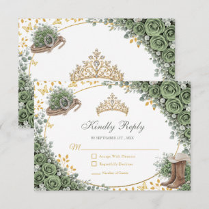 Western Sage Green Rose Golden Country Quinceañera RSVP Card