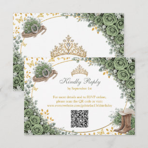 Western Sage Green Rose Golden Country Quinceañera RSVP Card