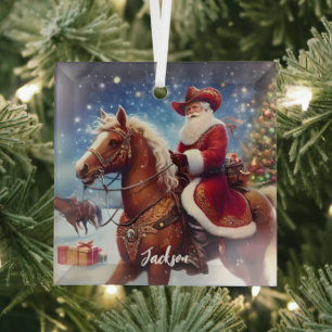 Western Santa Claus Riding a Horse Christmas Glass Tree Decoration