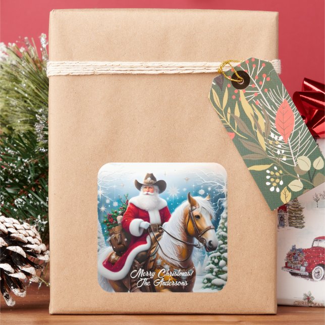 Western Santa Claus Riding Palomino Christmas Square Sticker (Holiday)