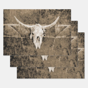 Western Sepia Brown Texture Cowboy Bull Skull Wrapping Paper Sheet