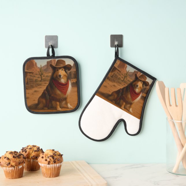 Western Sheltie Oven Mitt & Pot Holder Set (Insitu(Hanging))