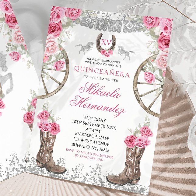 Western Silver Pink Roses Charra Quinceañera Invitation (Creator Uploaded)