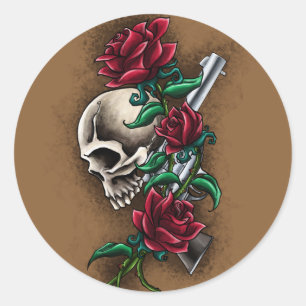 Western Skull with Red Roses and Revolver Pistol Classic Round Sticker