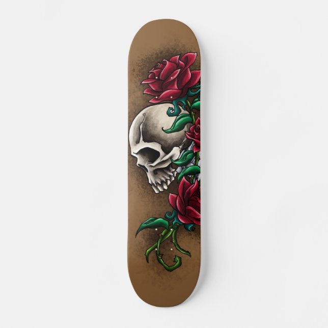Western Skull with Red Roses and Revolver Pistol Skateboard (Front)