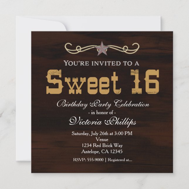 Western Star Country SWEET 16 BIRTHDAY Invitations (Front)