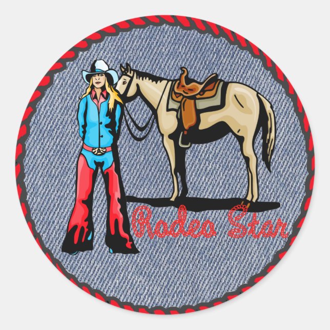 Western Sticker Cowgirl Rodeo Star On Denim Print (Front)