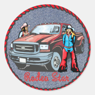 Western Sticker Cowgirl Rodeo Star On Denim Print