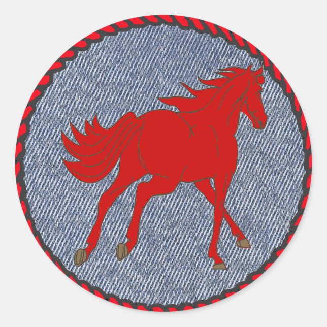 Western Sticker Red Horse On Denim Print (Front)