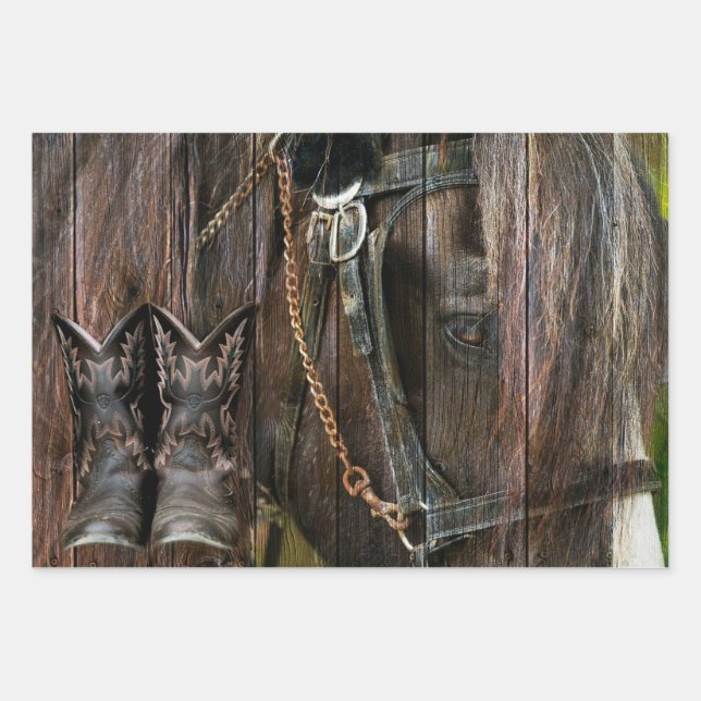 Western Style Horse And Cowboy Boots Wrapping Paper Sheet (Front)