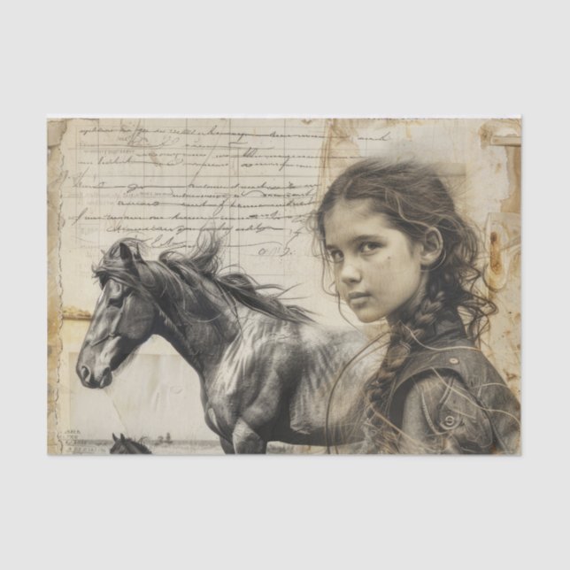 Western Style Horse and Girl Stained Decoupage Tissue Paper (Front)