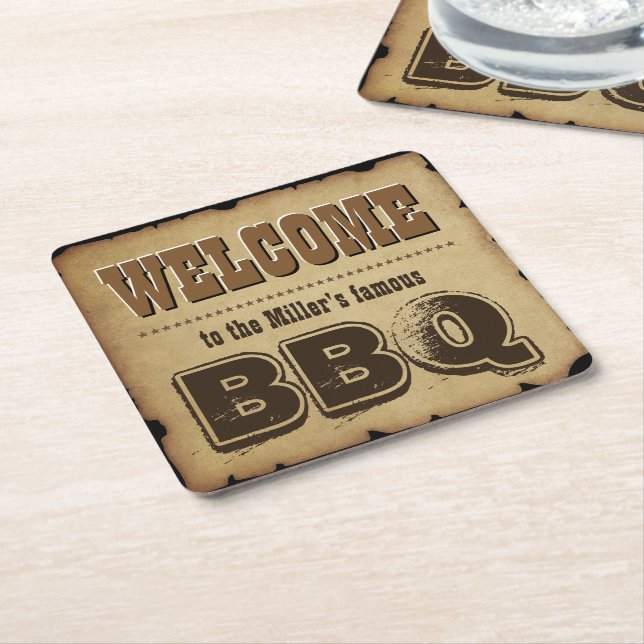 Western Style Welcome to our BBQ (customisable) Square Paper Coaster (Angled)