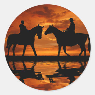 Western Sunset Horseback Riding cowboy silhouette Classic Round Sticker