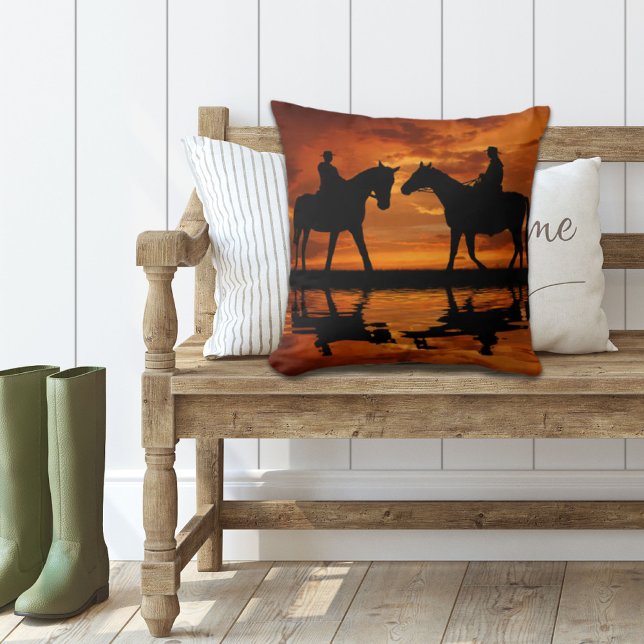 Western Sunset Horseback Riding cowboy silhouette Cushion (Creator Uploaded)