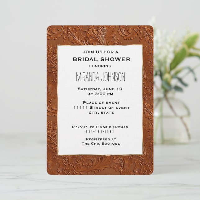  Western Tan Brown Bohemian Cowgirl Bridal Shower Invitation (Standing Front)