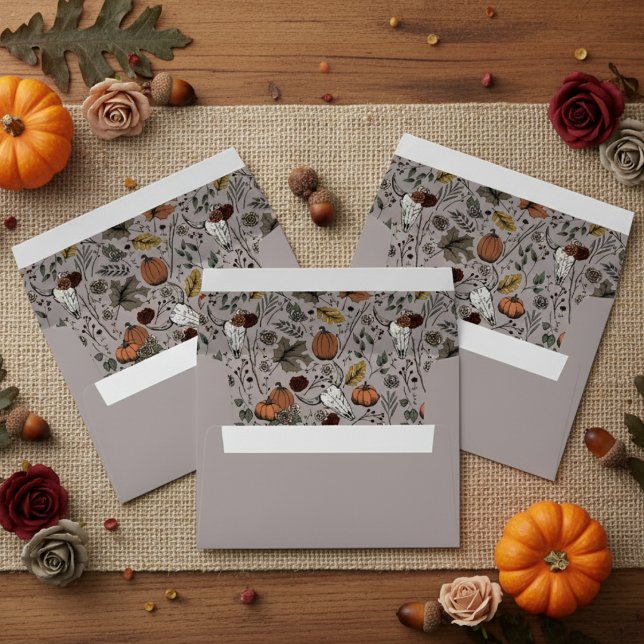 Western Taupe Cow Skull Fall Harvest Envelope (Western Cow Skull & Fall Harvest Thanksgiving, Autumn Taupe Gray Envelopes. Pumpkins, Acorns, Leaves)