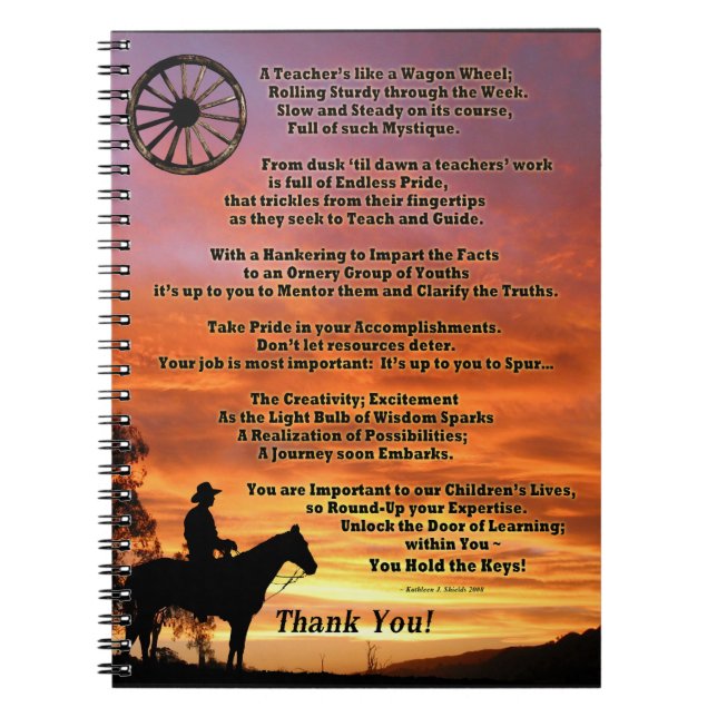 Western Teacher Appreciation Poem Spiral Notebook (Front)