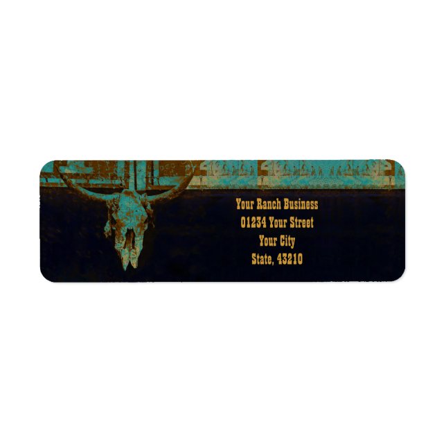 Western Teal Brown Gold Rustic Vintage Bull Skull (Front)