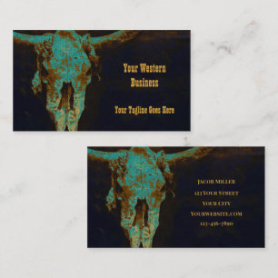 Western Teal Brown Gold Rustic Vintage Bull Skull Business Card