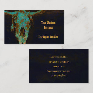 Western Teal Brown Gold Rustic Vintage Bull Skull Business Card