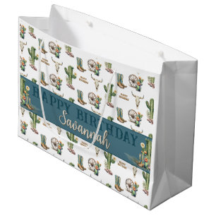 Western Teal Cactus Boots Name Happy Birthday Large Gift Bag