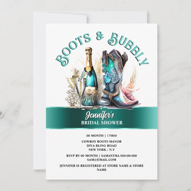 Western teal cowboy boot vintage bubbly summer invitation (Front)