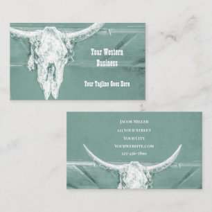 Western Teal White Rustic Bull Cow Skull Barn Business Card