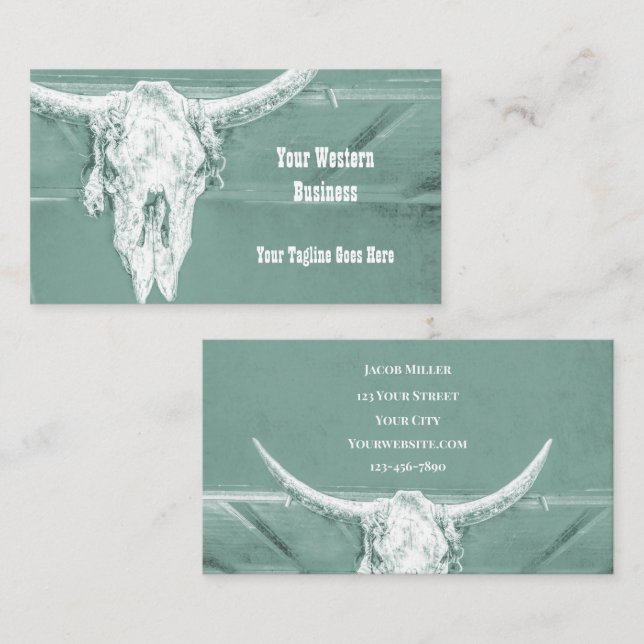 Western Teal White Rustic Bull Cow Skull Barn Business Card (Front/Back)