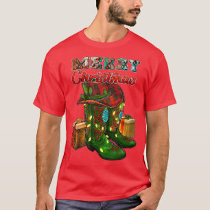 Western Teas Cow Print Cowboy Boots Hat Merry Chri T-Shirt