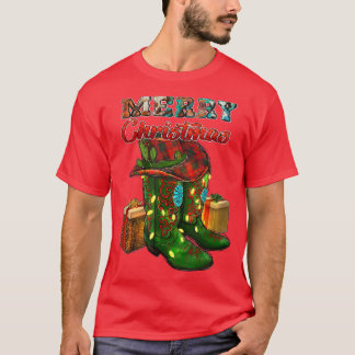 Western Teas Cow Print Cowboy Boots Hat Merry Chri T-Shirt