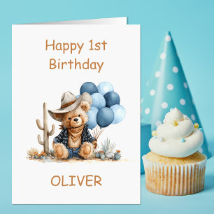 Western Teddy Bear 1st Birthday Card