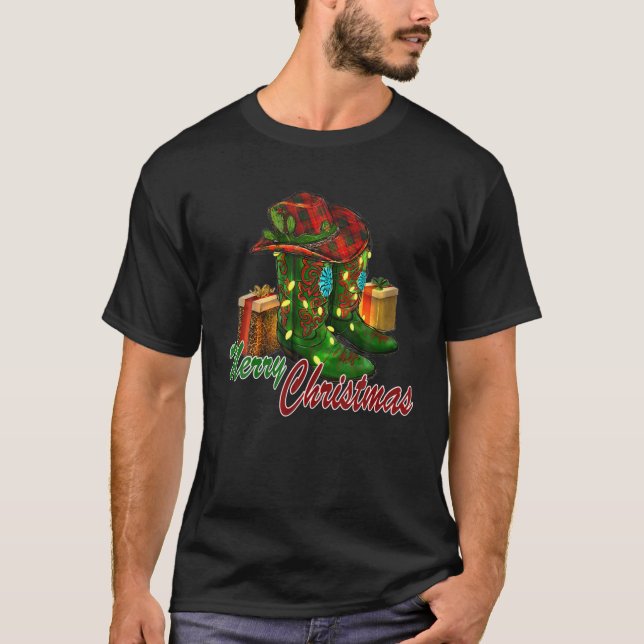 Western Texas Cowboy Boots Hat Merry Christmas Cow T-Shirt (Front)