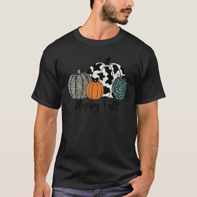 Western Texas Happy Fall Leopard Cowhide Pumpkin T-Shirt (Front)