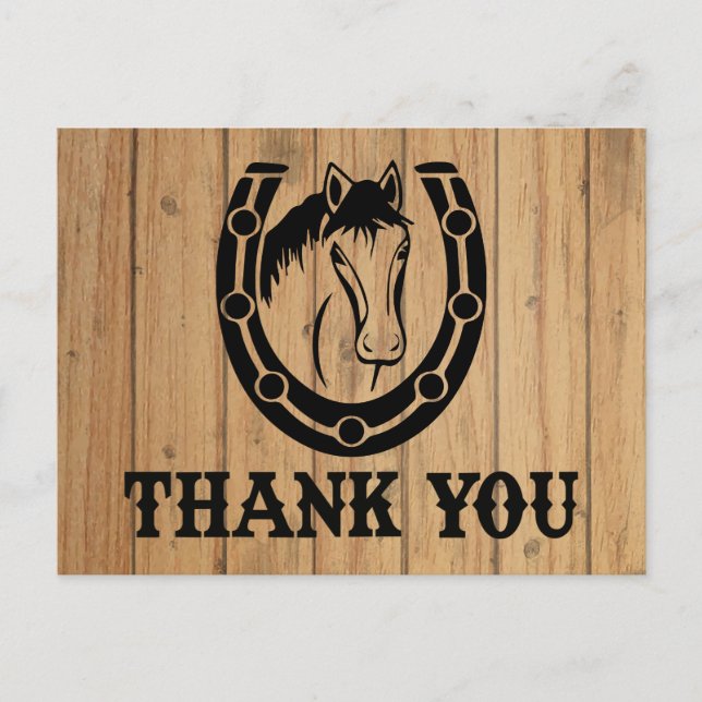 Western Thank You Horse Horseshoe Wedding Wood Postcard (Front)