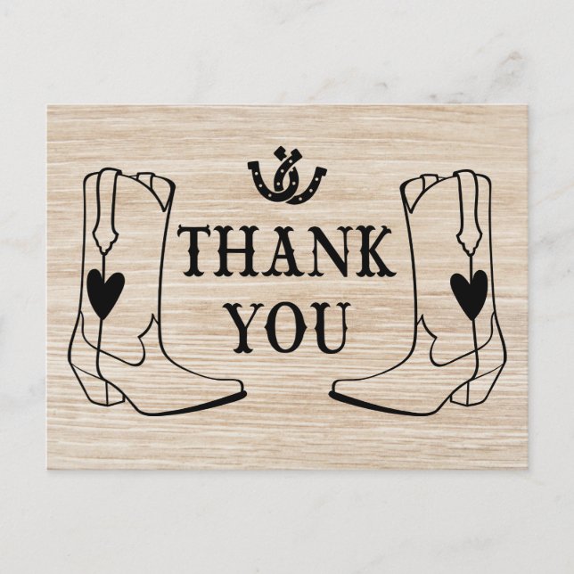Western Thank You Wood Cowboy Boot Country Wedding Postcard (Front)
