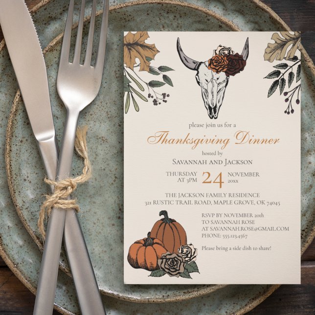 Western Thanksgiving Cow Skull Fall Harvest Invitation (Thanksgiving or Friendsgiving Invitation. Hand-Drawn Cow Skull, Roses, Pumpkins, Fall Leaves in Ink.)