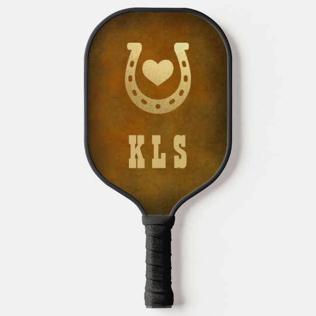 Western Theme Horseshoe Brown & Gold Monogram Pickleball Paddle (Front)