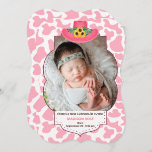 Western Theme Pink Cowgirl New Baby Photo Announcement