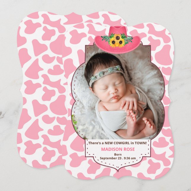 Western Theme Pink Cowgirl New Baby Photo Announcement (Front/Back)