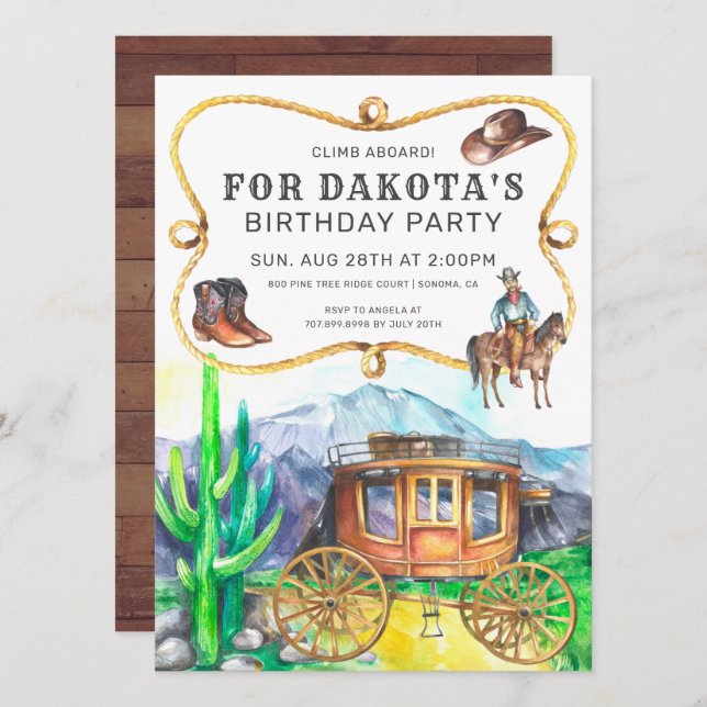 Western Theme Stagecoach Cowboy Birthday Party Inv Invitation (Front/Back)