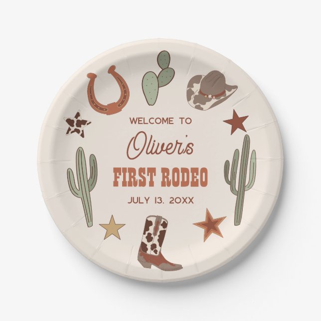Western Themed First Rodeo Birthday  Paper Plate (Front)