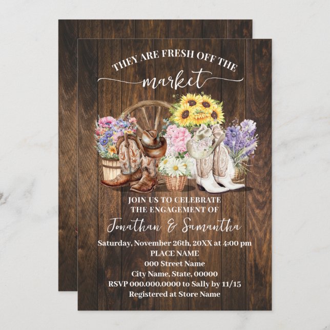 Western They're Fresh Off the Market Engagement Invitation (Front/Back)