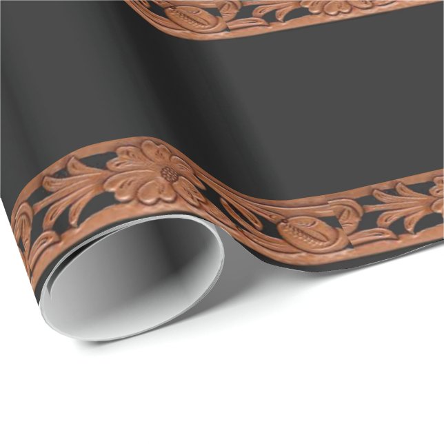 Western Tooled Leather Belt Print On Black Wrapping Paper (Roll Corner)
