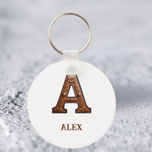 Western Tooled Leather Initial Monogram A Key Ring