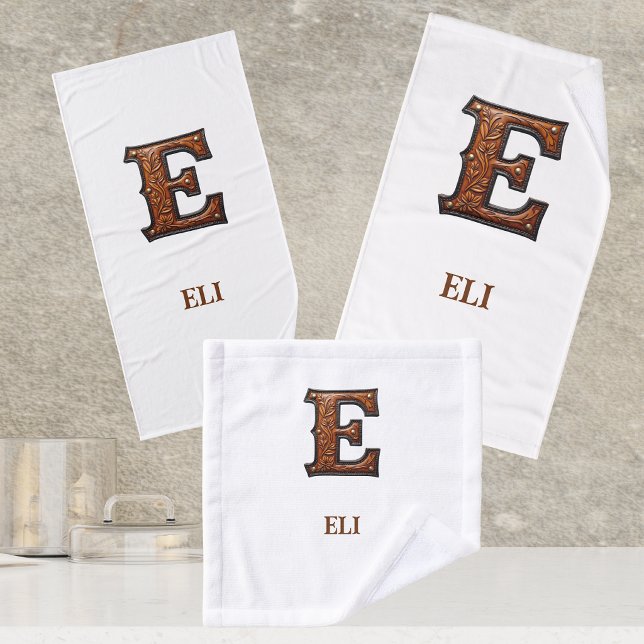 Western Tooled Leather Initial Monogram E Bath Towel Set (Creator Uploaded)