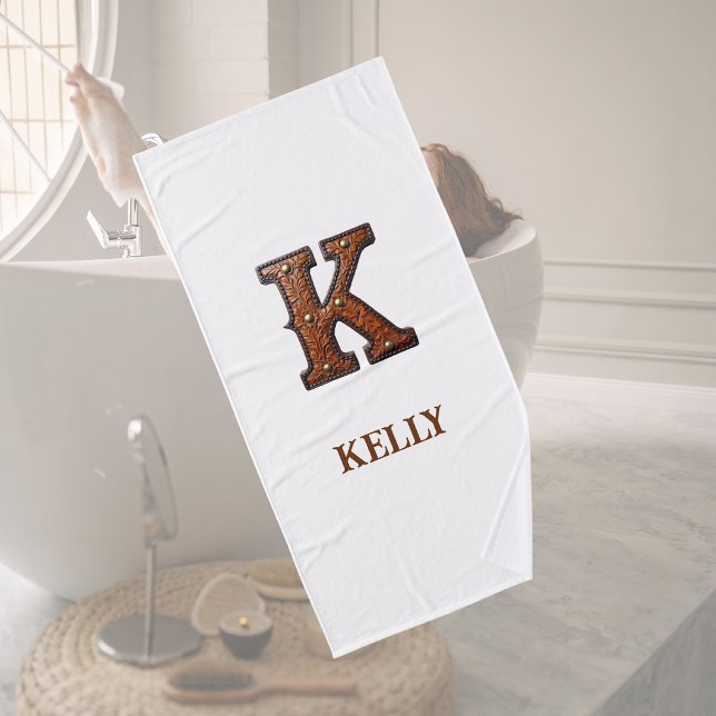 Western Tooled Leather Initial Monogram K Bath Towel (Creator Uploaded)