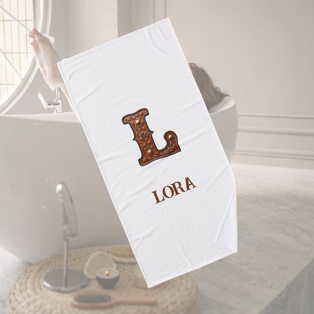 Western Tooled Leather Initial Monogram L Bath Towel (Creator Uploaded)