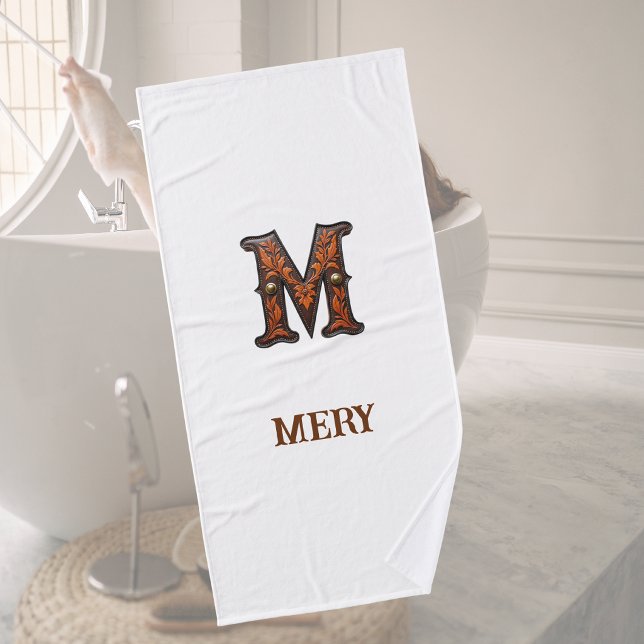 Western Tooled Leather Initial Monogram M Bath Towel (Creator Uploaded)